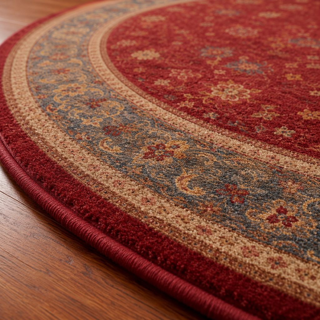 Tapis rond Sélima – rouge rubis – bordure bleu ardoise et sable – motifs graphiques