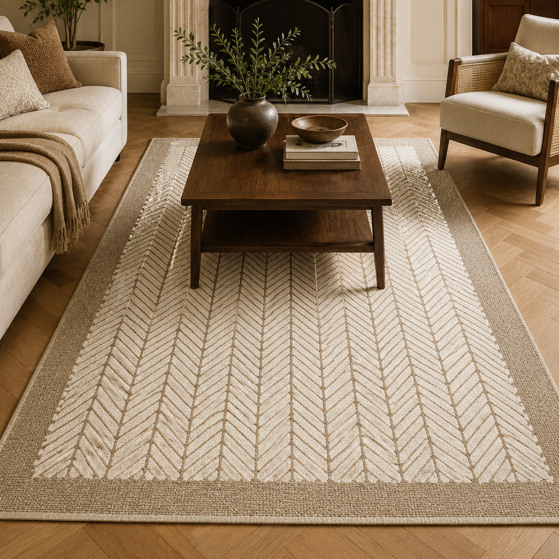 Tapis rectangulaire Néréo – style naturel – motifs chevrons beige et taupe