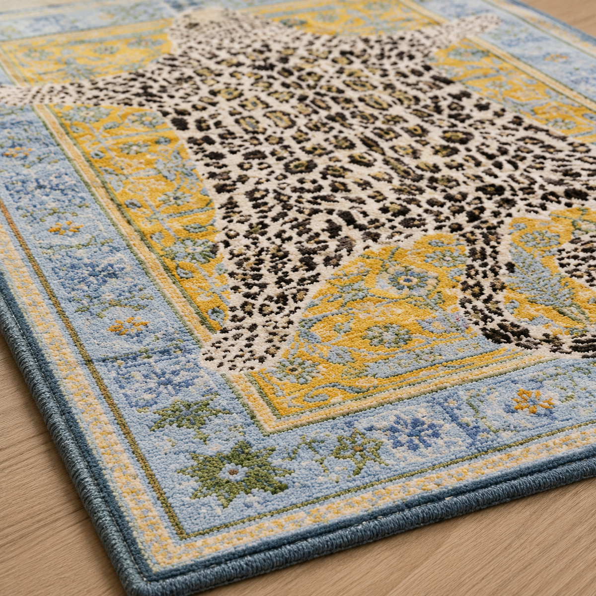 Tapis rectangulaire Shira – motif léopard décoratif – bleu ciel, jaune doux, écru et noir