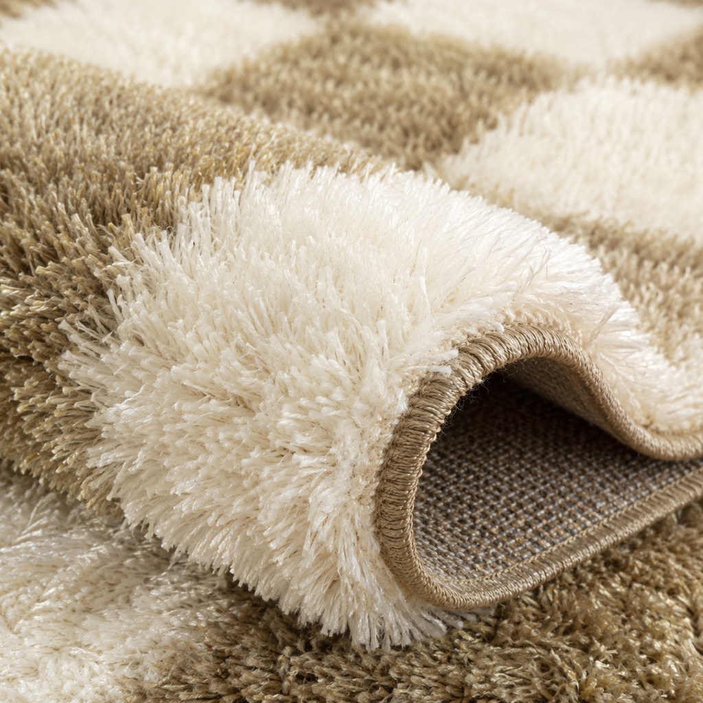 Tapis rectangulaire Dami – damier moelleux – écru et beige taupe