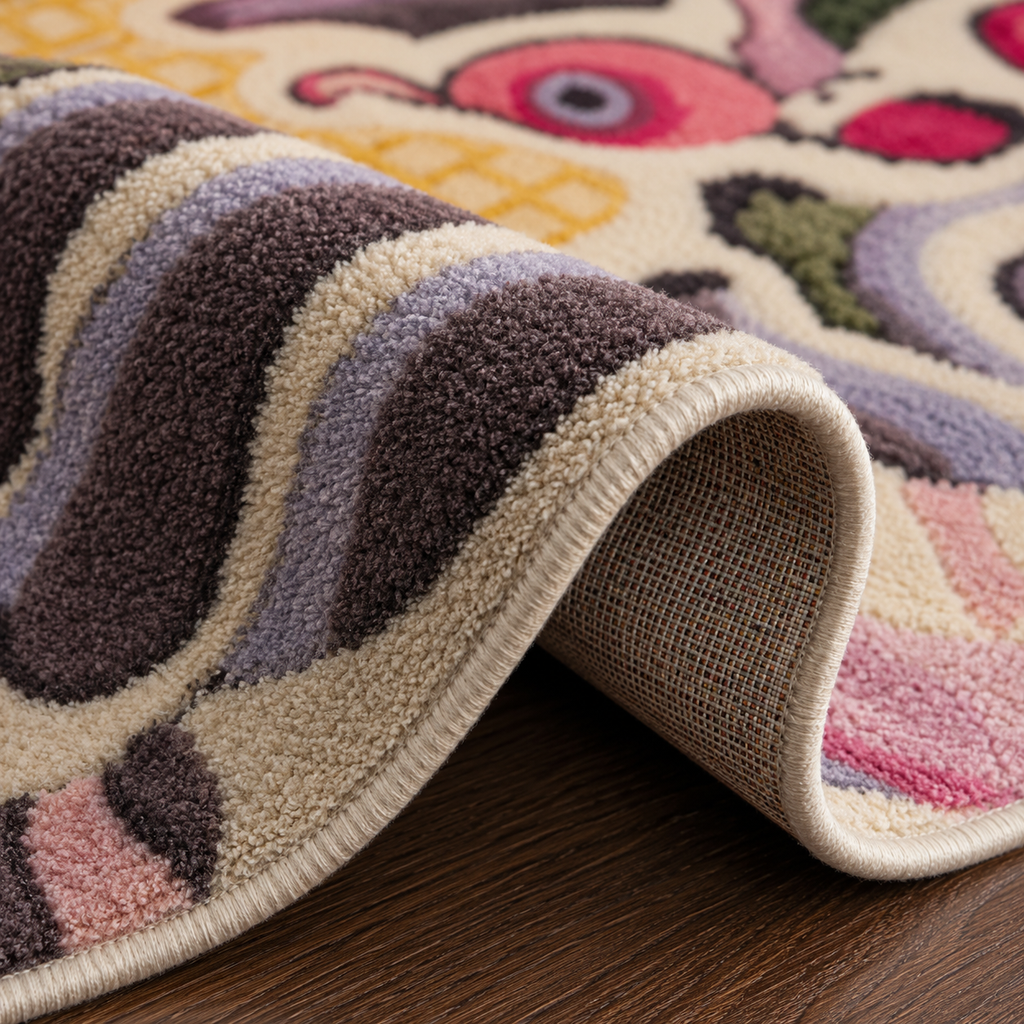 Tapis rectangulaire Oni – forme créature mythique – beige, violet, rose, jaune et noir