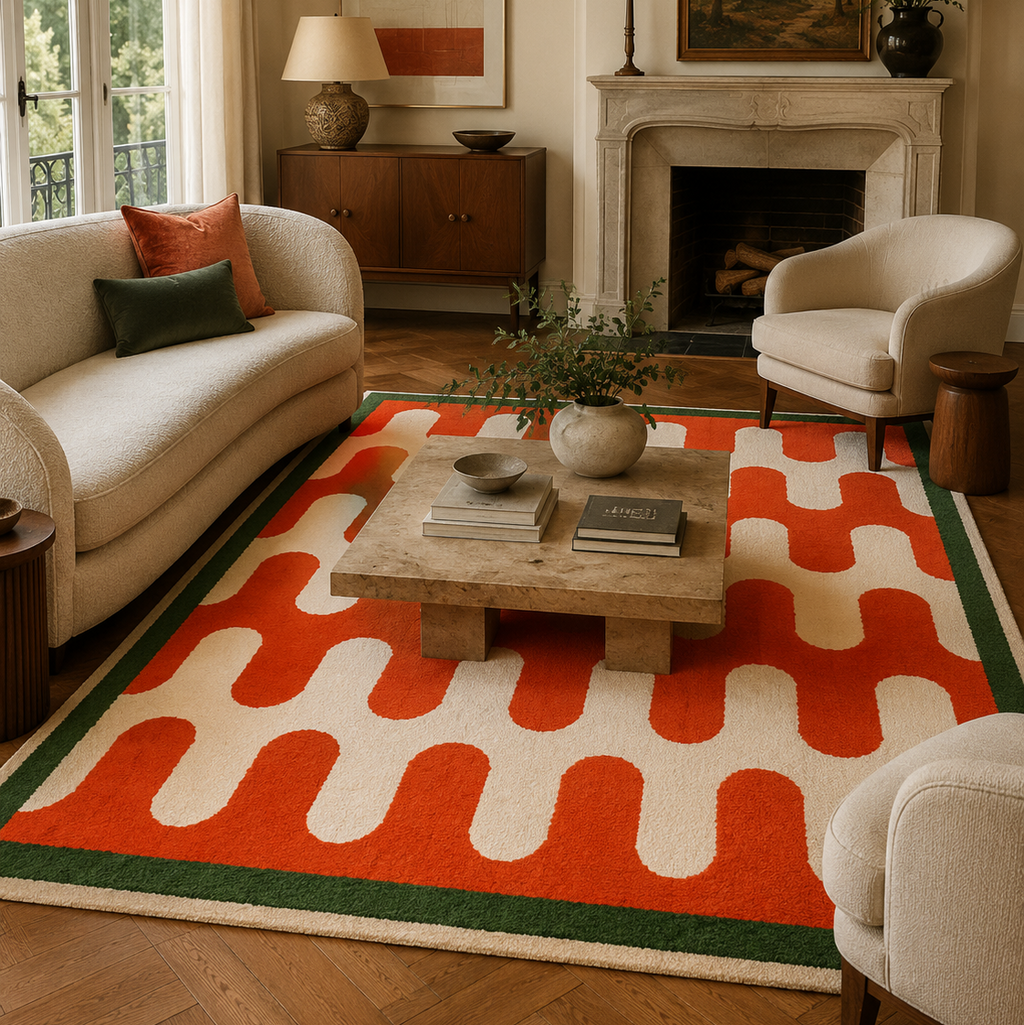 Tapis rectangulaire Rio – motif ondulé rétro – écru, rouge orangé et vert forêt