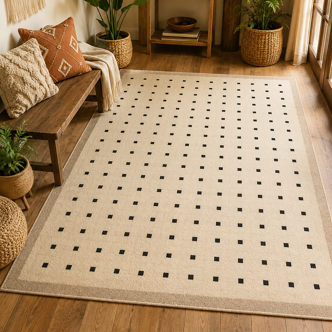 Tapis rectangulaire Lino – style moderne – motif à petits carrés – beige clair, noir et bordure taupe