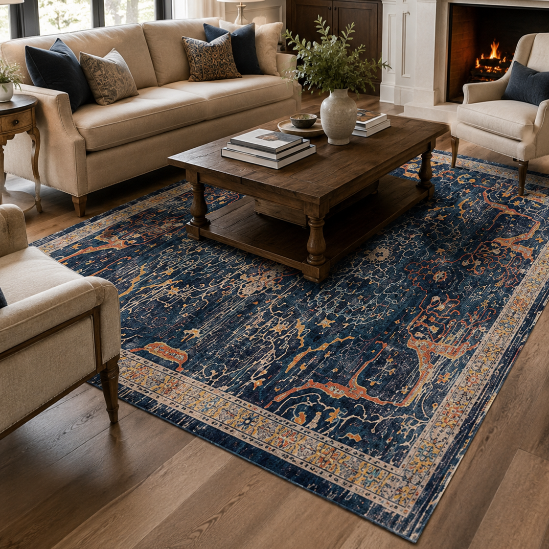 Tapis rectangulaire Azara – motifs floraux vintage – bleu nuit, terracotta, beige et ocre doré
