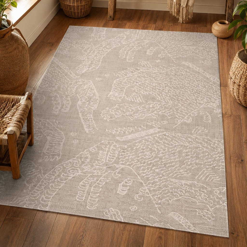 Tapis rectangulaire Saha – motifs tigres ton sur ton – beige sable et écru