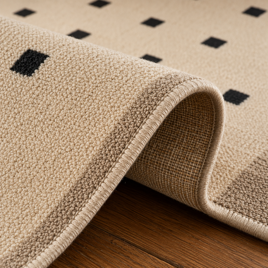 Tapis rectangulaire Lino – style moderne – motif à petits carrés – beige clair, noir et bordure taupe