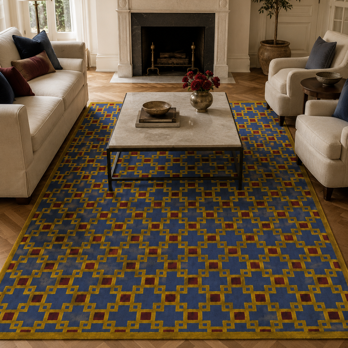 Tapis rectangulaire Soren – motif géométrique entrelacé – bleu profond, ocre et rouge brique