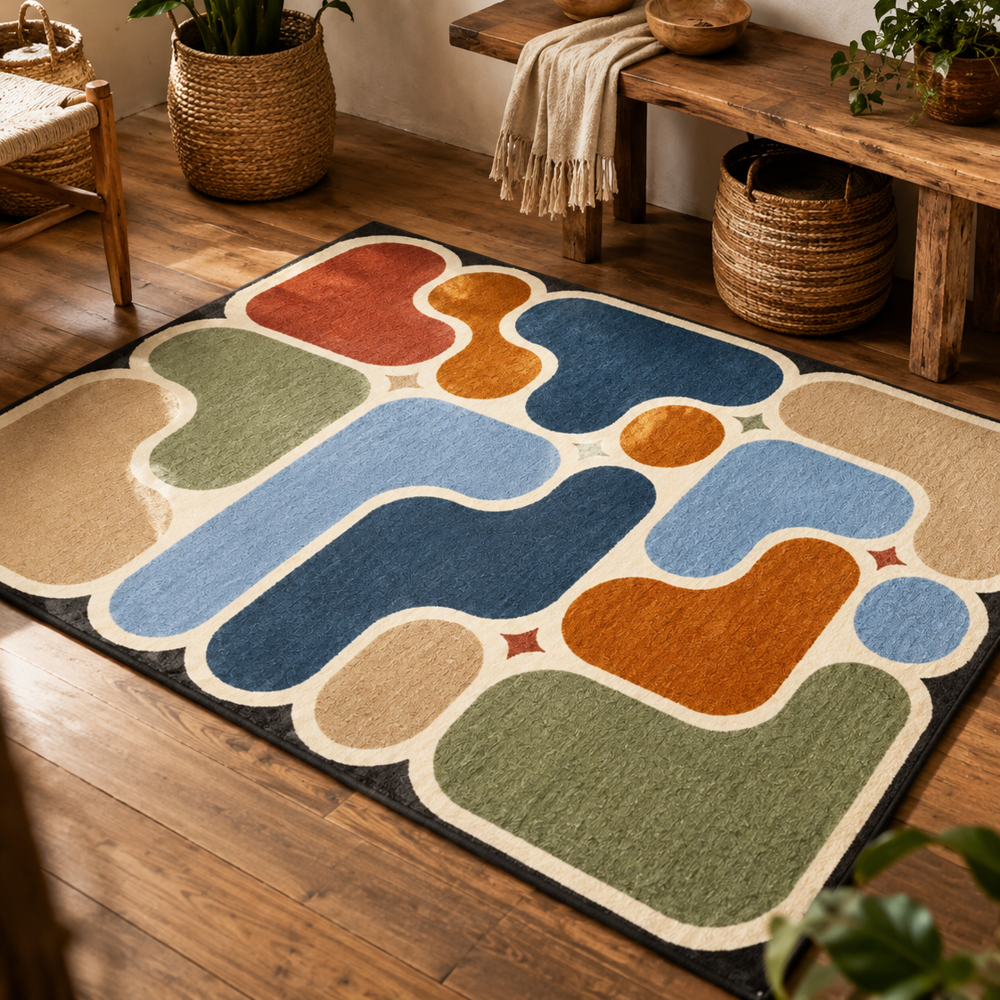 Tapis rectangulaire Alma – formes abstraites rétro – terracotta, bleu nuit, bleu ciel, vert sauge et beige