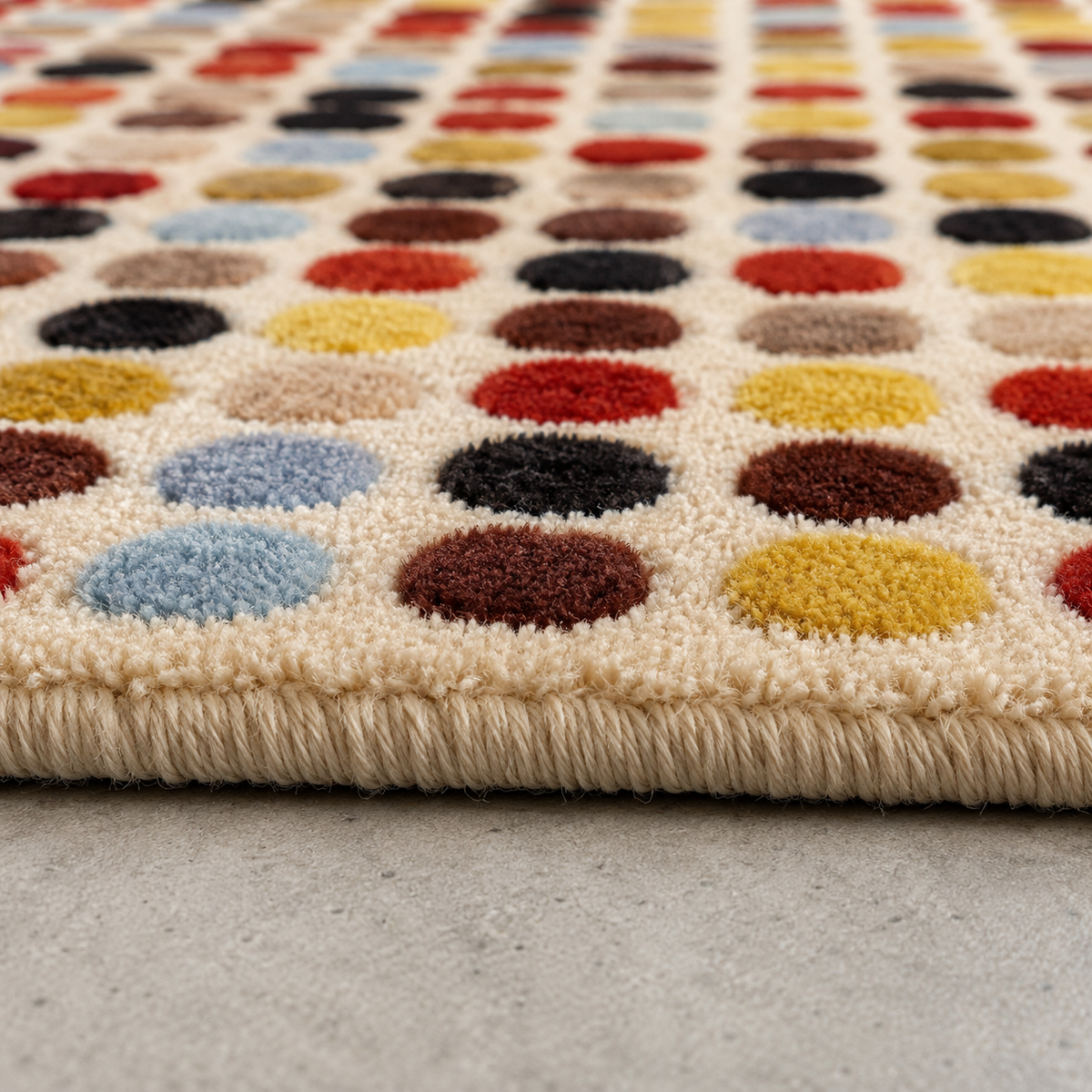 Tapis rectangulaire Mosaïque – pois multicolores – écru, terracotta, jaune, bleu ciel et brun