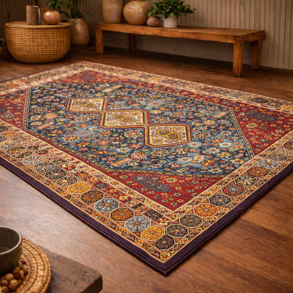 Tapis rectangulaire Naïra en laine – motifs losanges géométriques – bleu azur, ocre et rouge brique