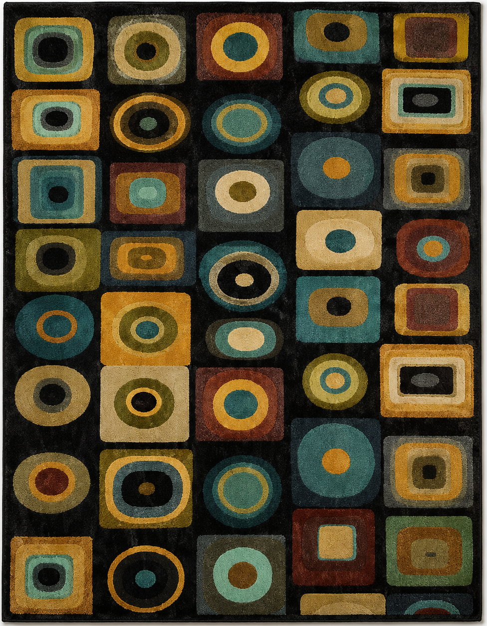 Tapis rectangulaire Orion – motifs géométriques rétro – noir, bleu canard, ocre, vert olive et terracotta