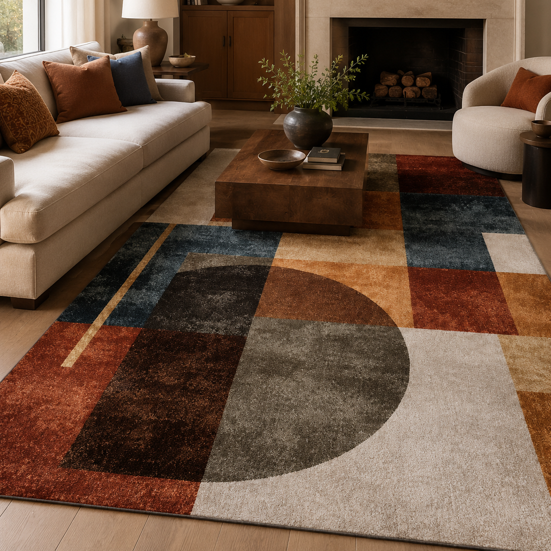 Tapis rectangulaire Miro – style moderne – motifs géométriques abstraits – terracotta, bleu profond, beige et vert kaki