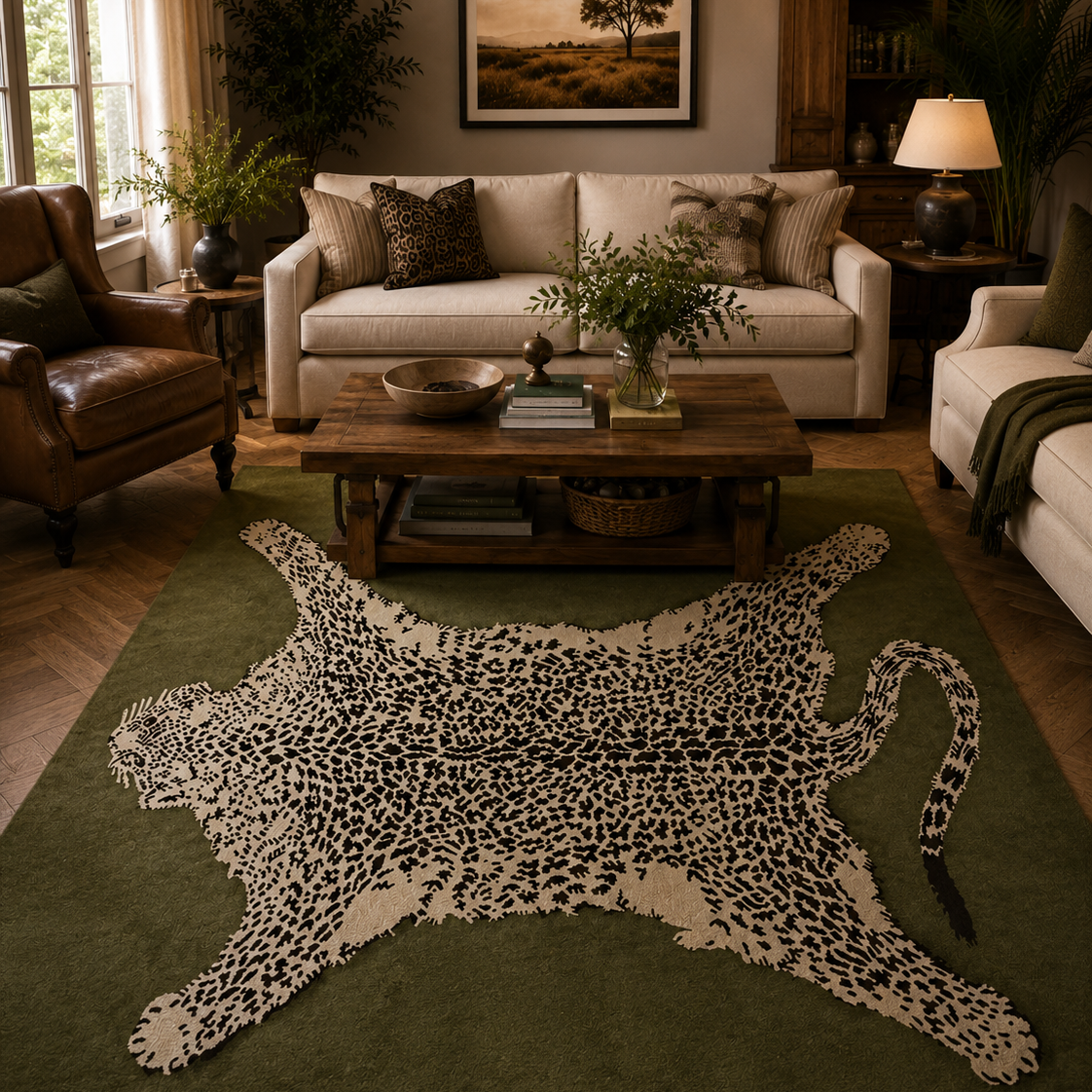 Tapis rectangulaire Léopard – motif animalier stylisé – vert olive, écru et noir