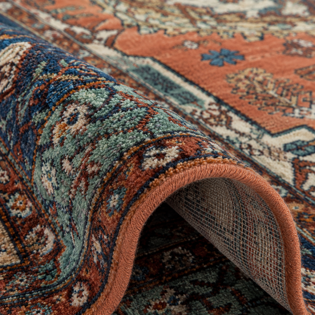 Tapis rectangulaire Samarkand – motifs orientaux vintage – terracotta, bleu canard, écru et beige