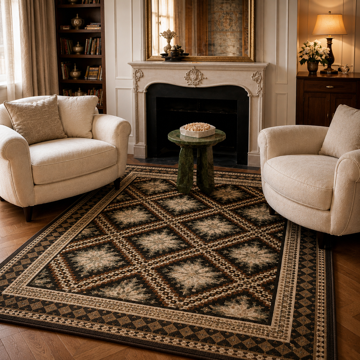 Tapis rectangulaire Zélia – motifs losanges et étoiles géométriques – tons naturels