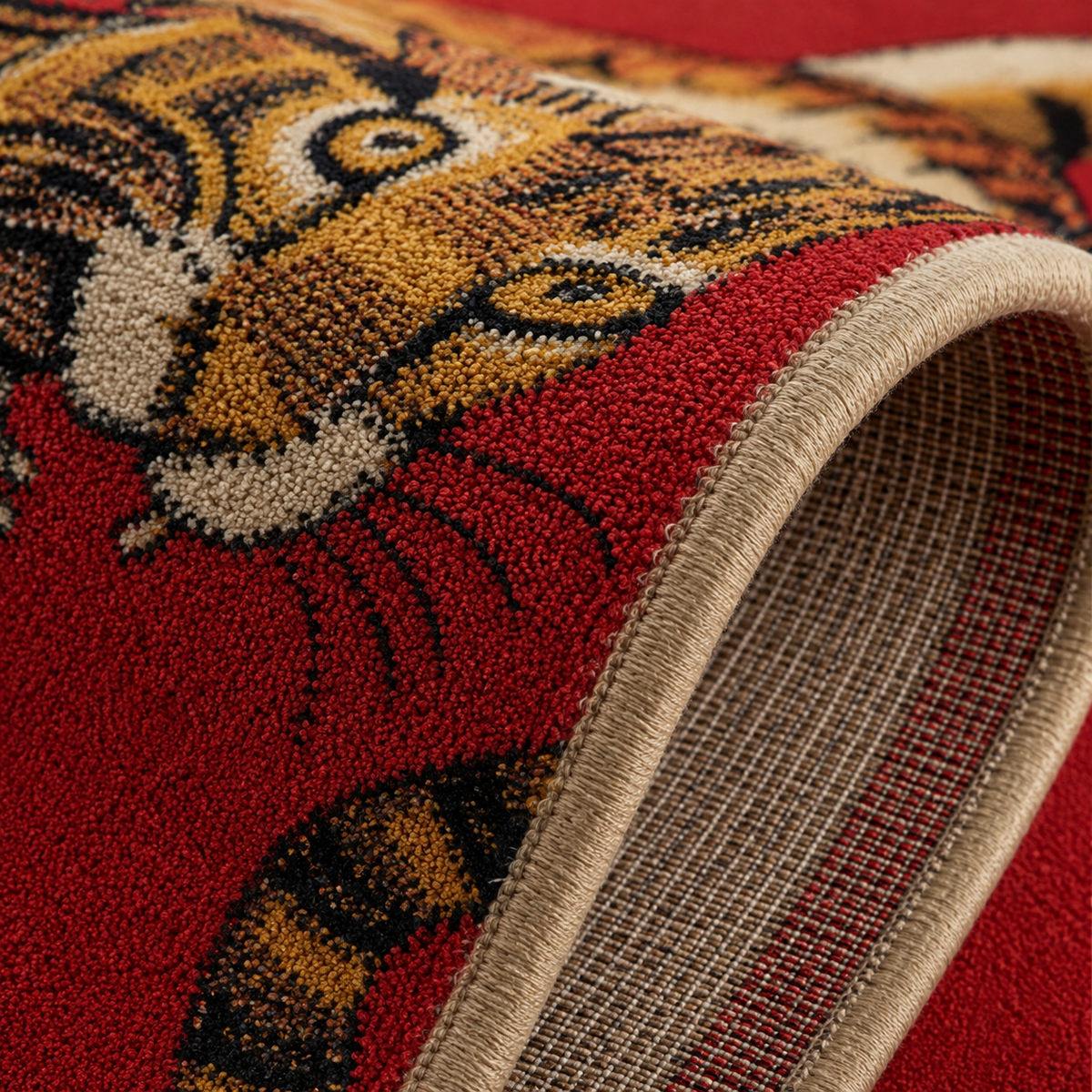 Tapis rectangulaire Tiger – motif tigre vintage – rouge, beige, orange et noir