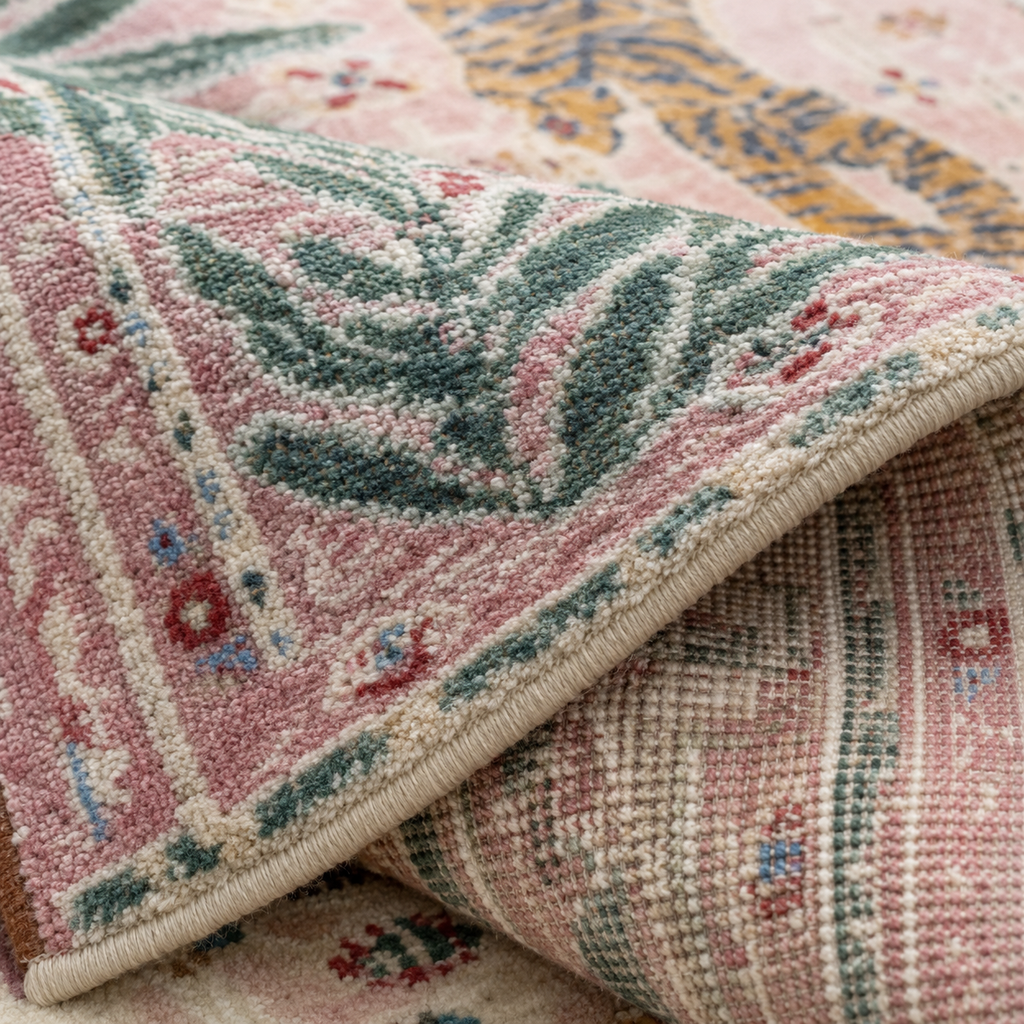 Tapis rectangulaire Nala – motif tigre tropical – rose poudré, vert palmier, orange et bleu nuit