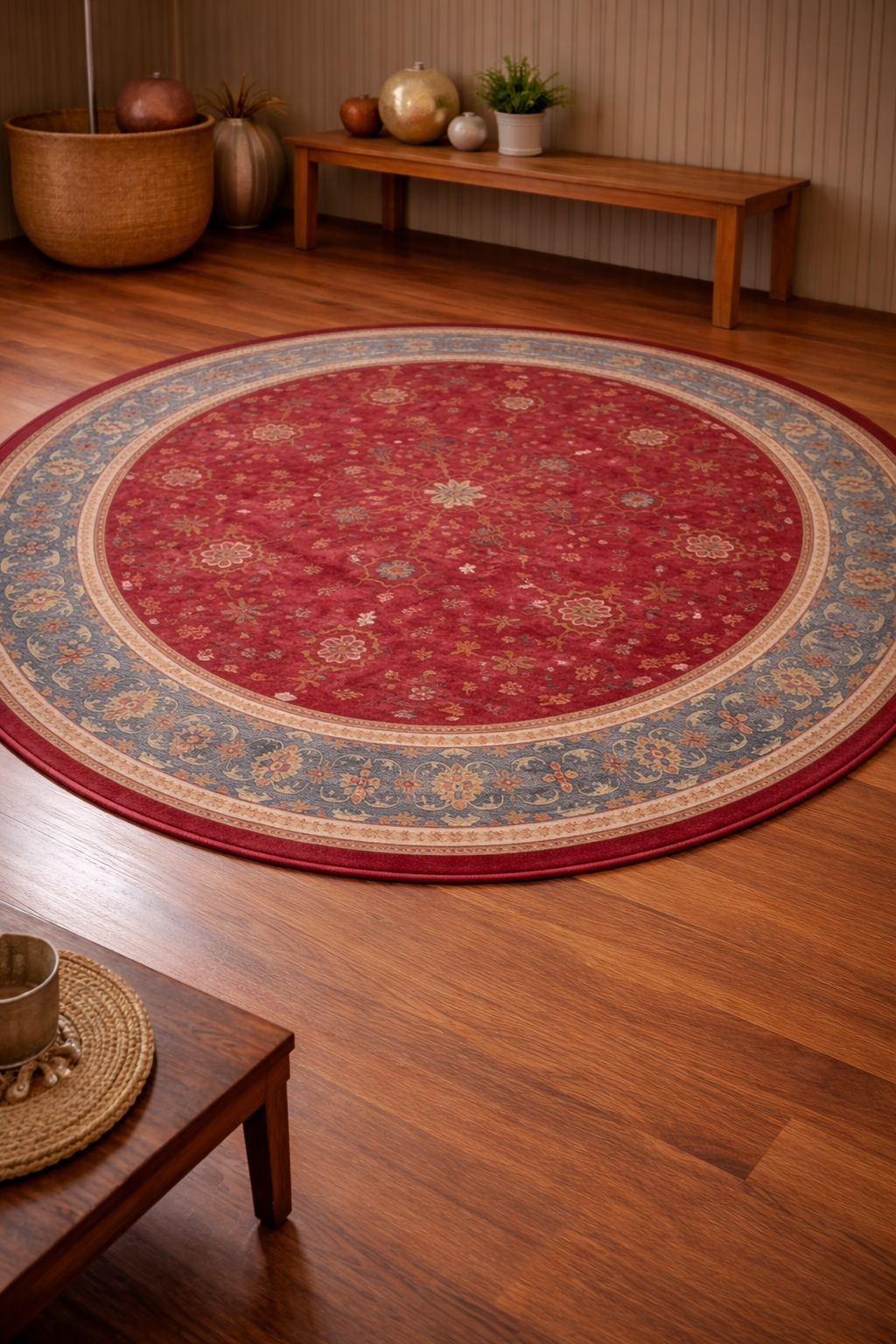 Tapis rond Sélima en laine – rouge rubis – bordure bleu ardoise et sable – motifs graphiques