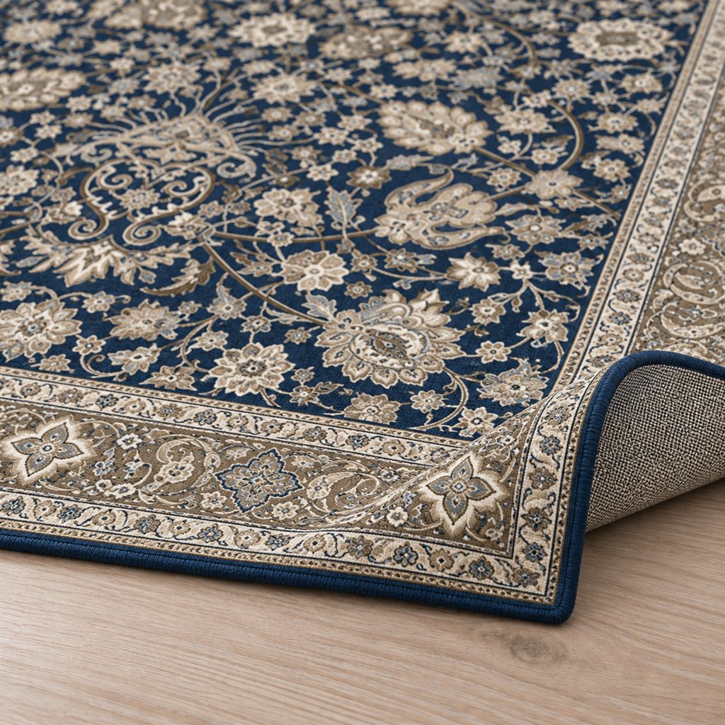Tapis rectangulaire Isfahan – motifs orientaux floraux – bleu marine, beige et taupe