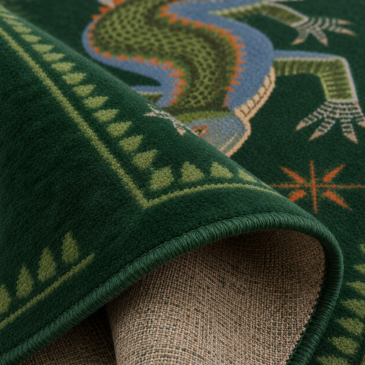 Tapis rectangulaire Croco – motif crocodile illustré – vert émeraude, bleu, olive et terracotta