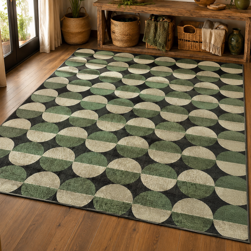 Tapis rectangulaire Verde – style moderne – motifs circulaires géométriques – vert sauge, crème et noir profond