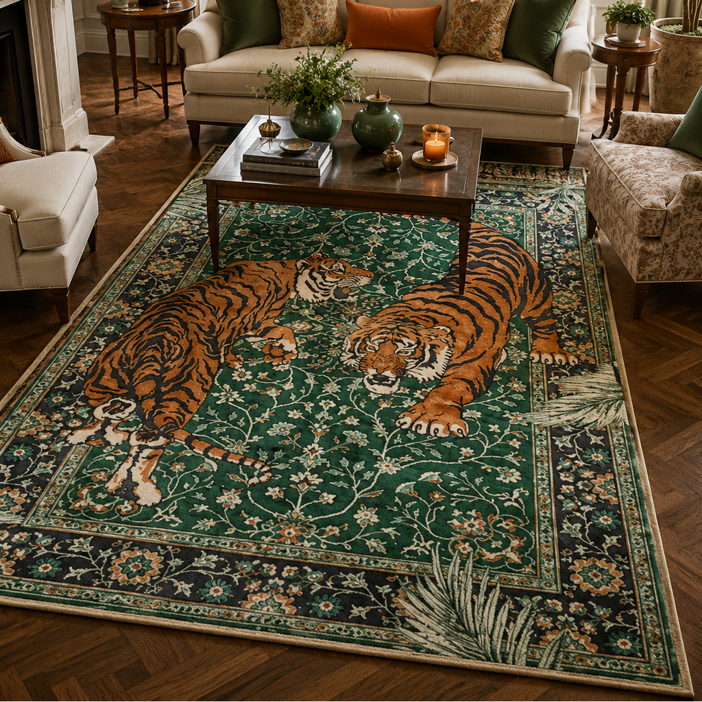 Tapis rectangulaire Sherkan – duo de tigres – vert émeraude, orange, noir et écru