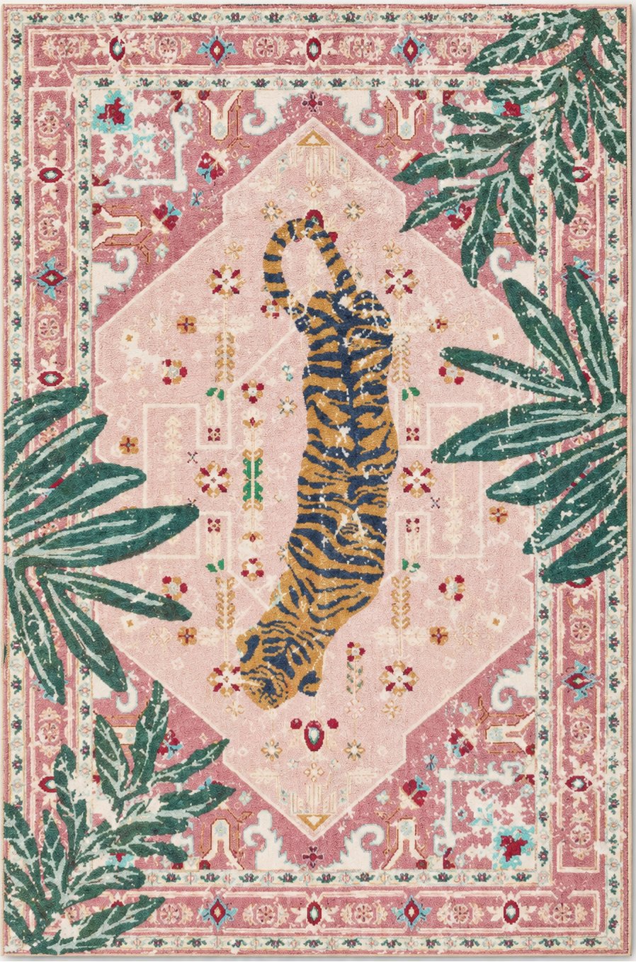 Tapis rectangulaire Nala – motif tigre tropical – rose poudré, vert palmier, orange et bleu nuit