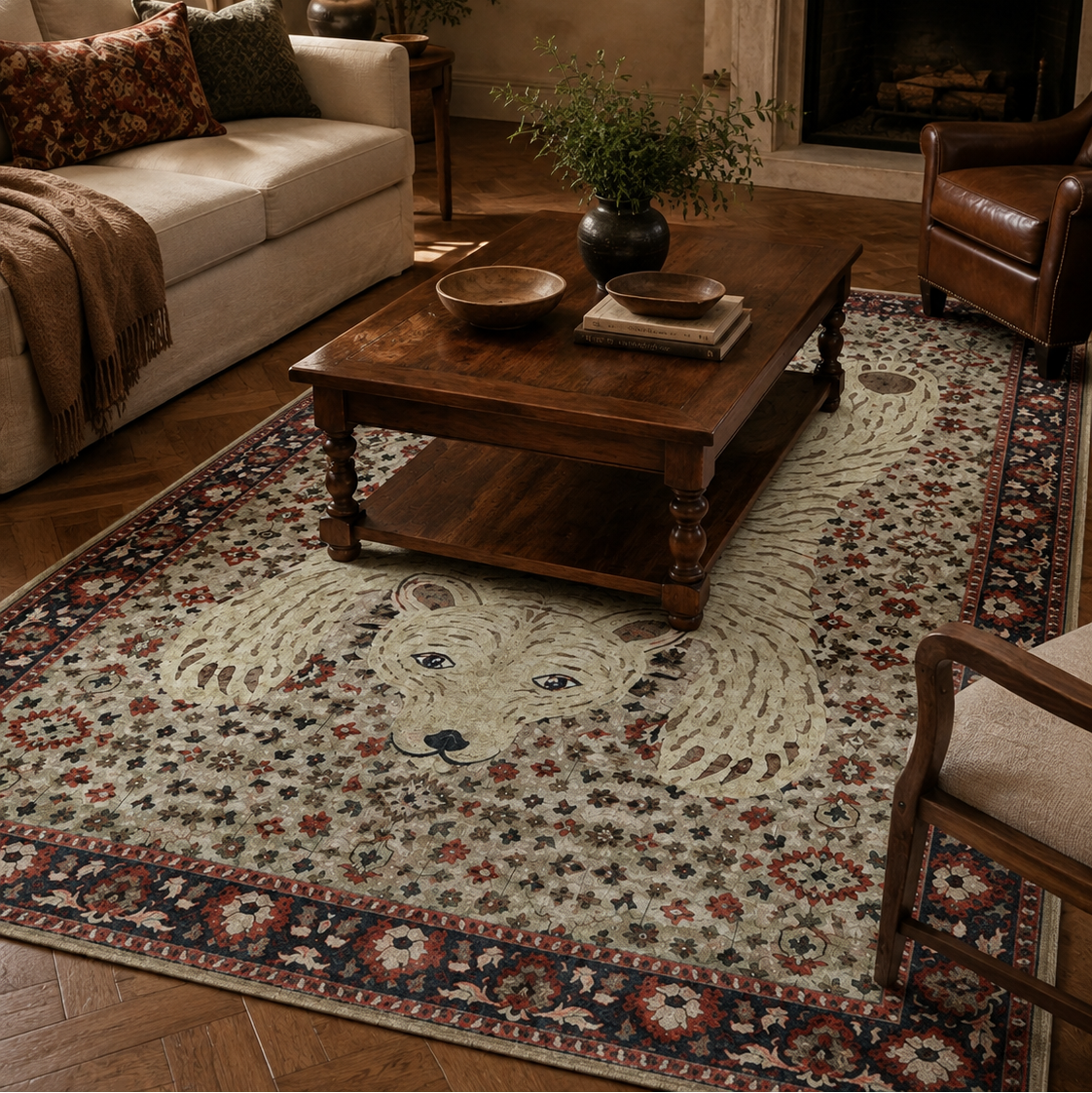 Tapis rectangulaire Numa – motif animalier allongé – écru, terracotta, bleu nuit et brun