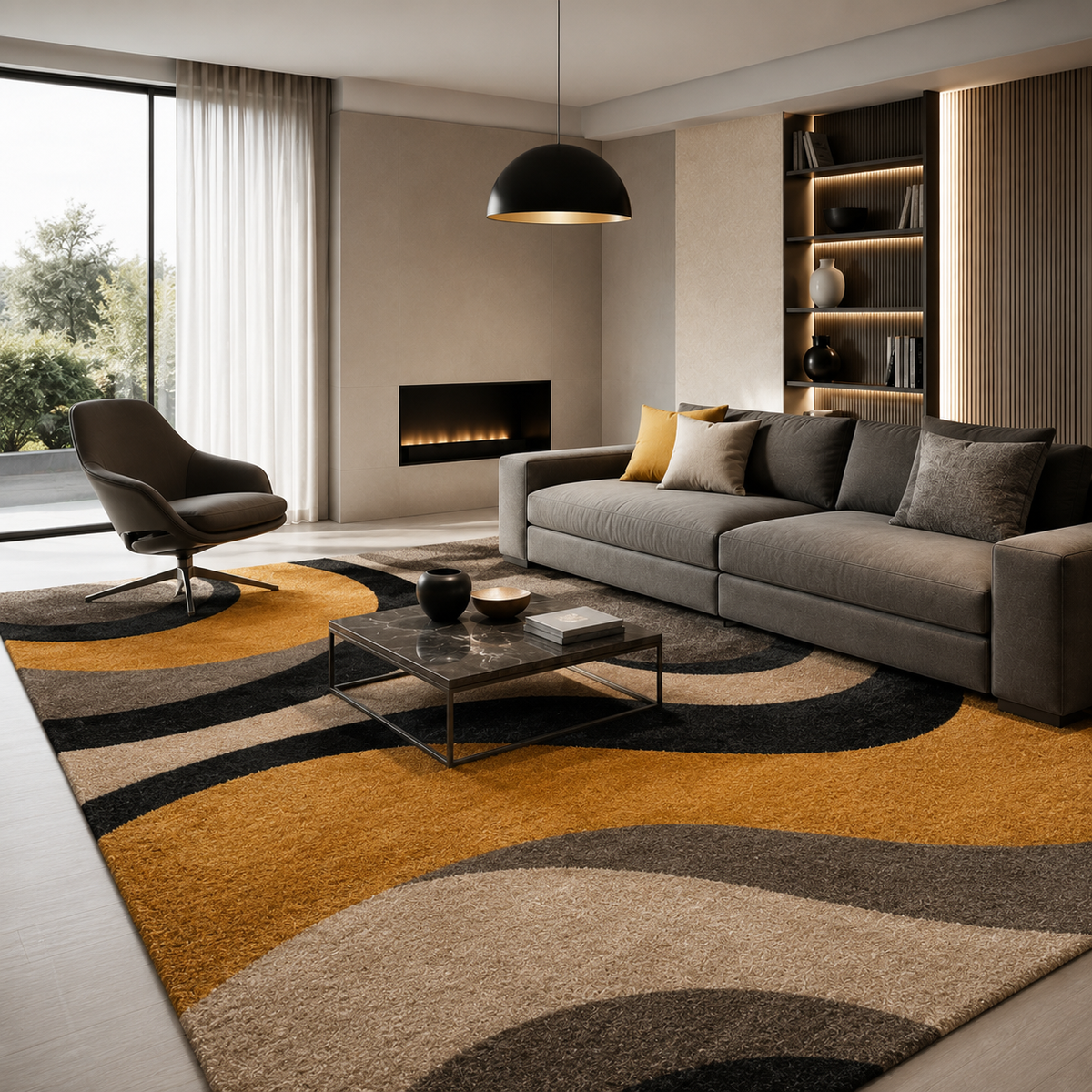 Tapis rectangulaire Solvane – style moderne – motifs abstraits beige, noir et jaune moutarde