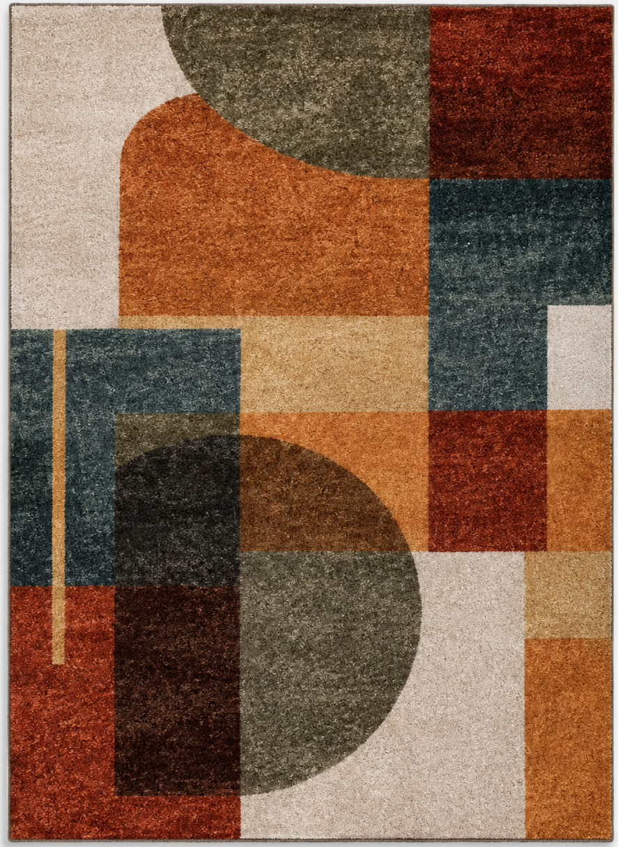 Tapis rectangulaire Miro – style moderne – motifs géométriques abstraits – terracotta, bleu profond, beige et vert kaki