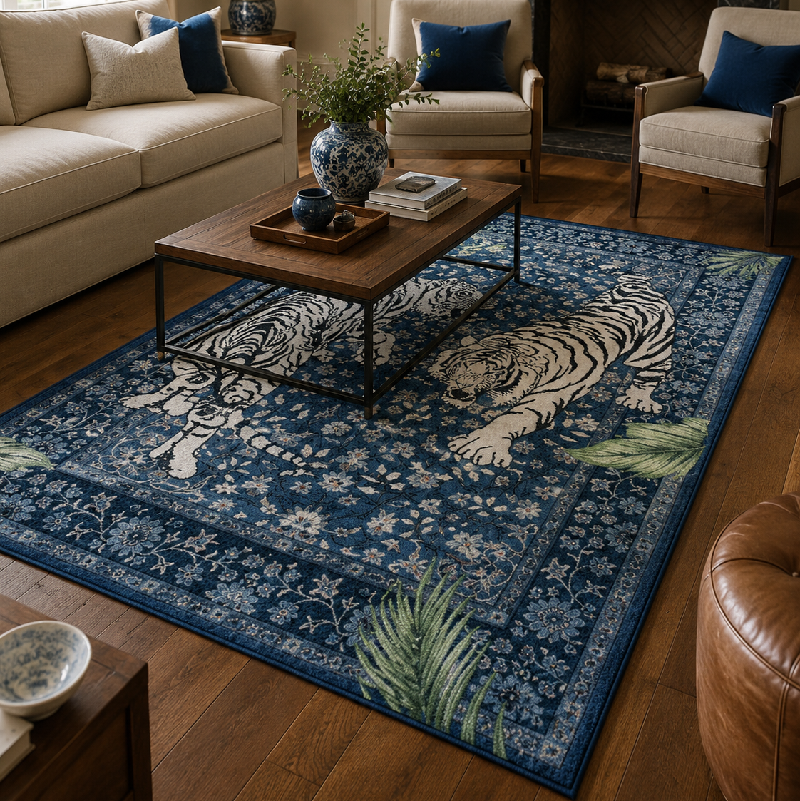Tapis rectangulaire Bengal – duo de tigres blancs – bleu profond, écru et vert feuillage