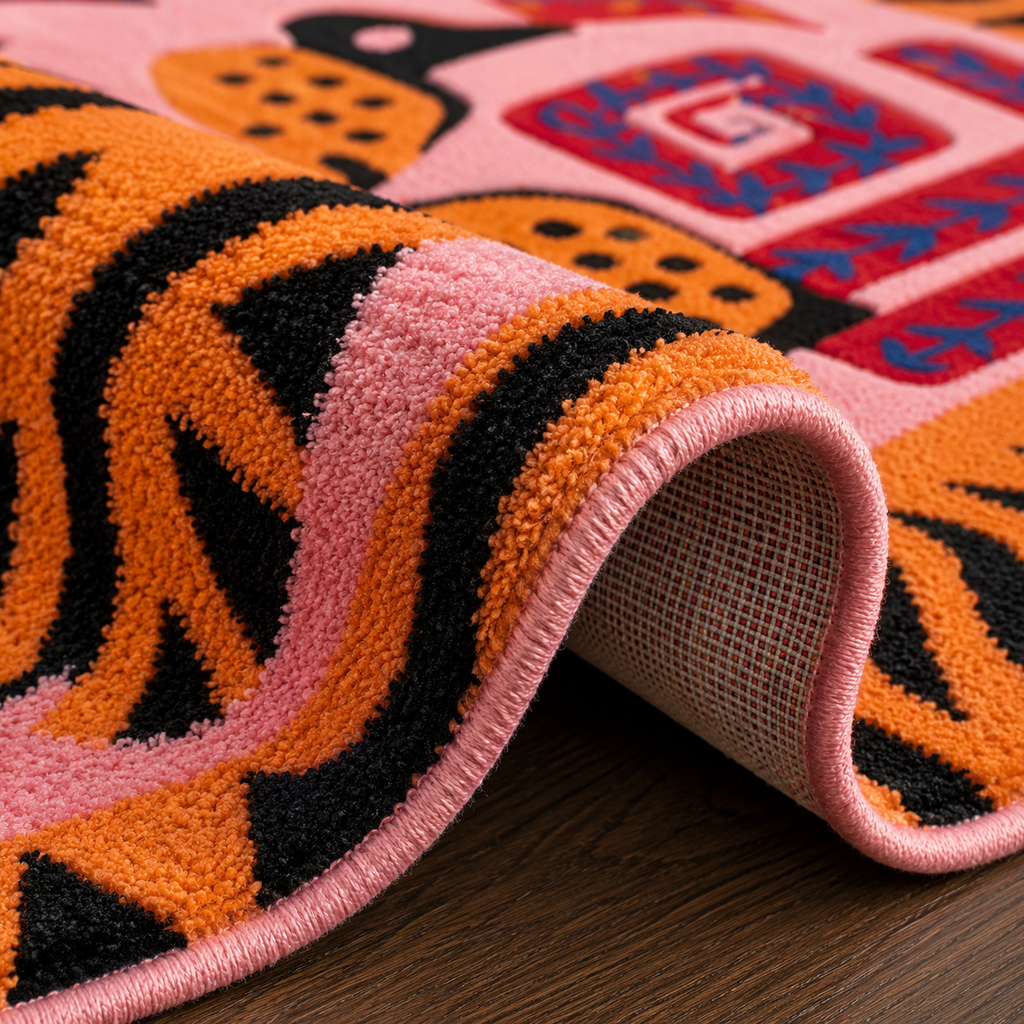 Tapis rectangulaire Tora – motif tigre graphique – orange, noir, rose et bleu profond