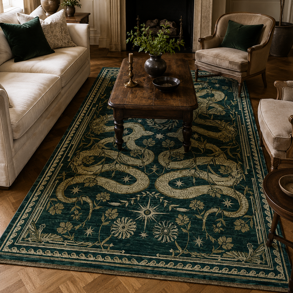 Tapis rectangulaire Éclipse – serpents et symboles célestes – vert profond, beige doré et écru