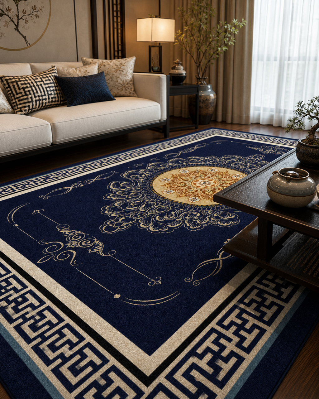 Tapis rectangulaire Mizuki – style asiatique – bleu nuit, médaillon doré et bordure géométrique