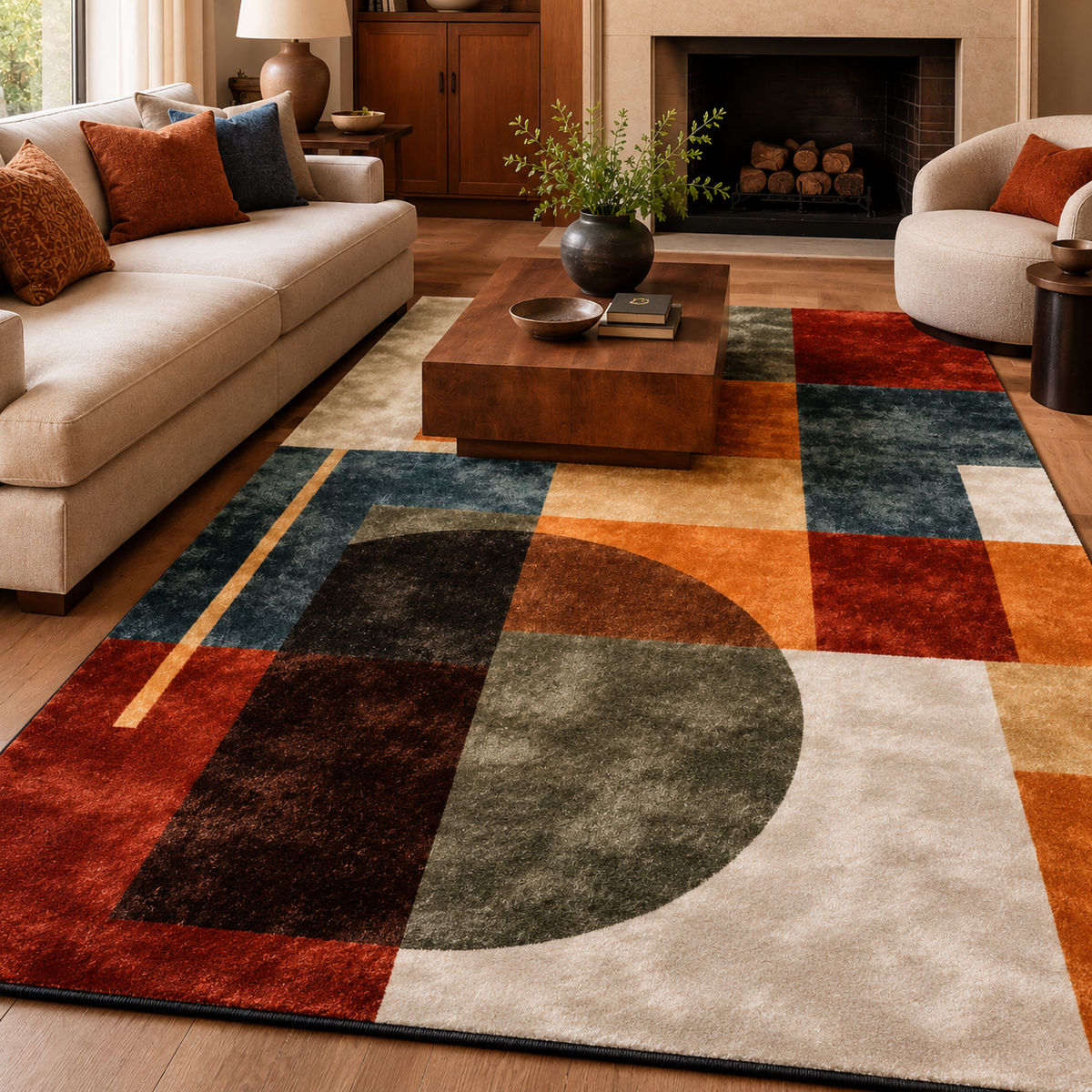 Tapis rectangulaire Miro – style moderne – motifs géométriques abstraits – terracotta, bleu profond, beige et vert kaki