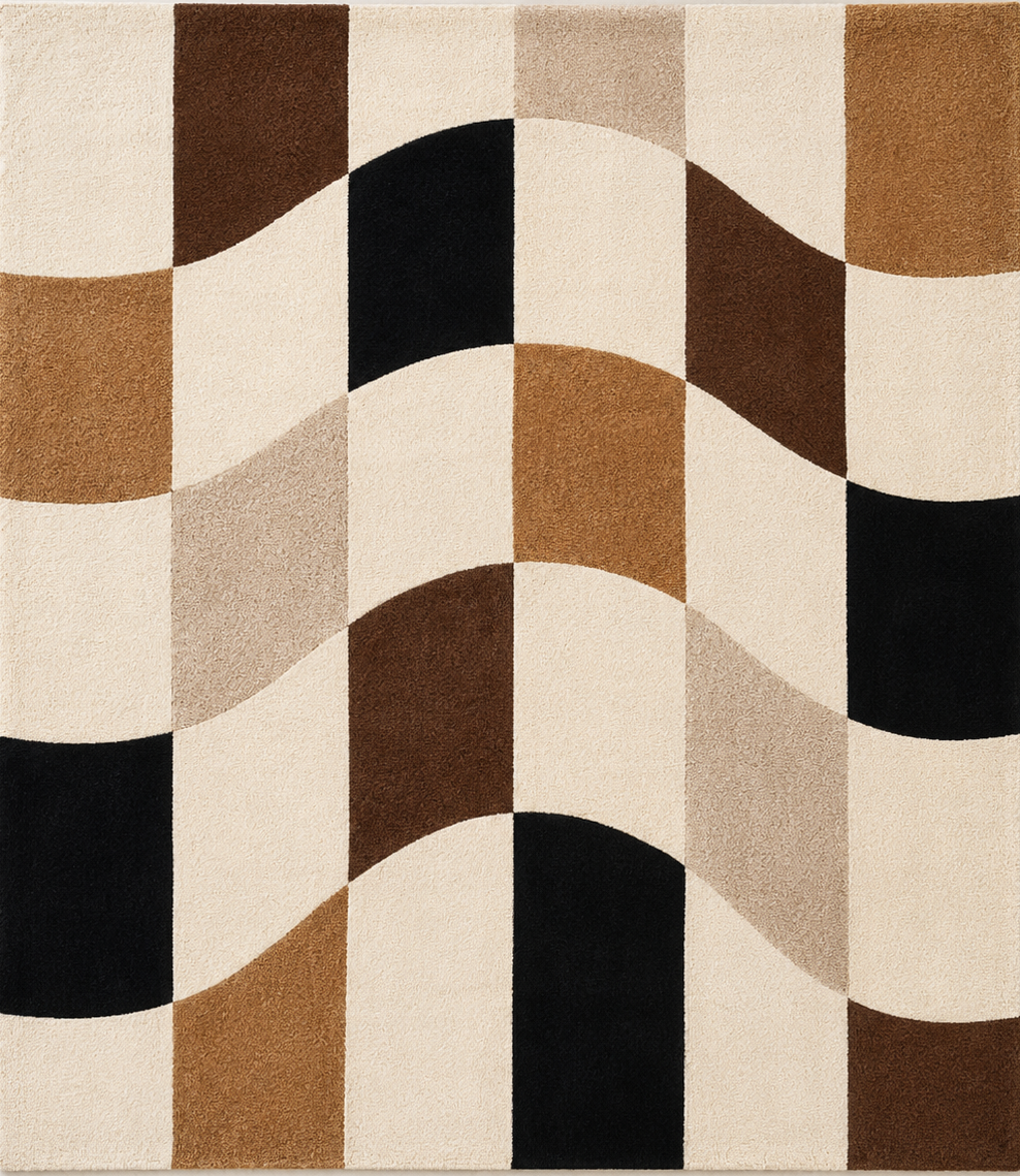 Tapis rectangulaire Alba – motif ondulé géométrique – écru, camel, brun, beige et noir