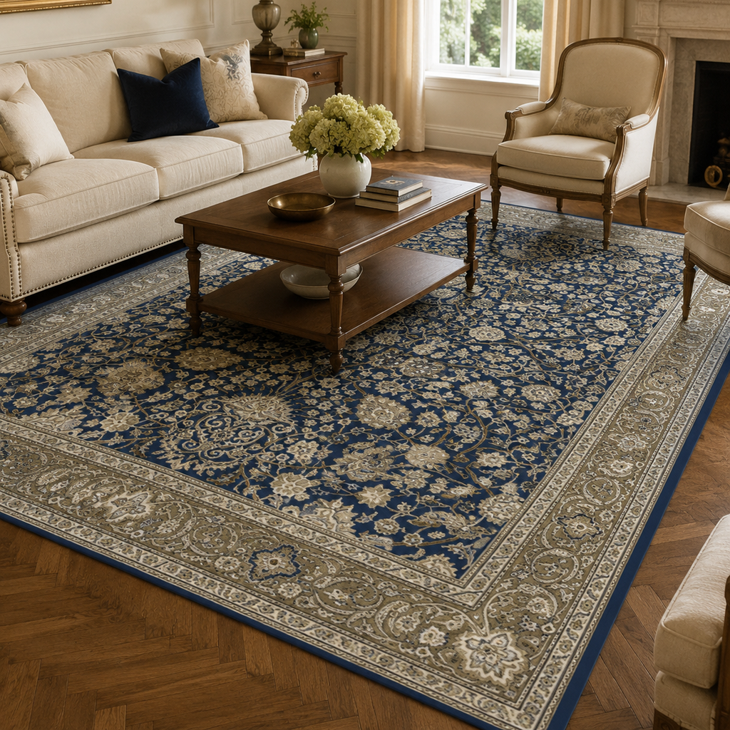 Tapis rectangulaire Isfahan – motifs orientaux floraux – bleu marine, beige et taupe
