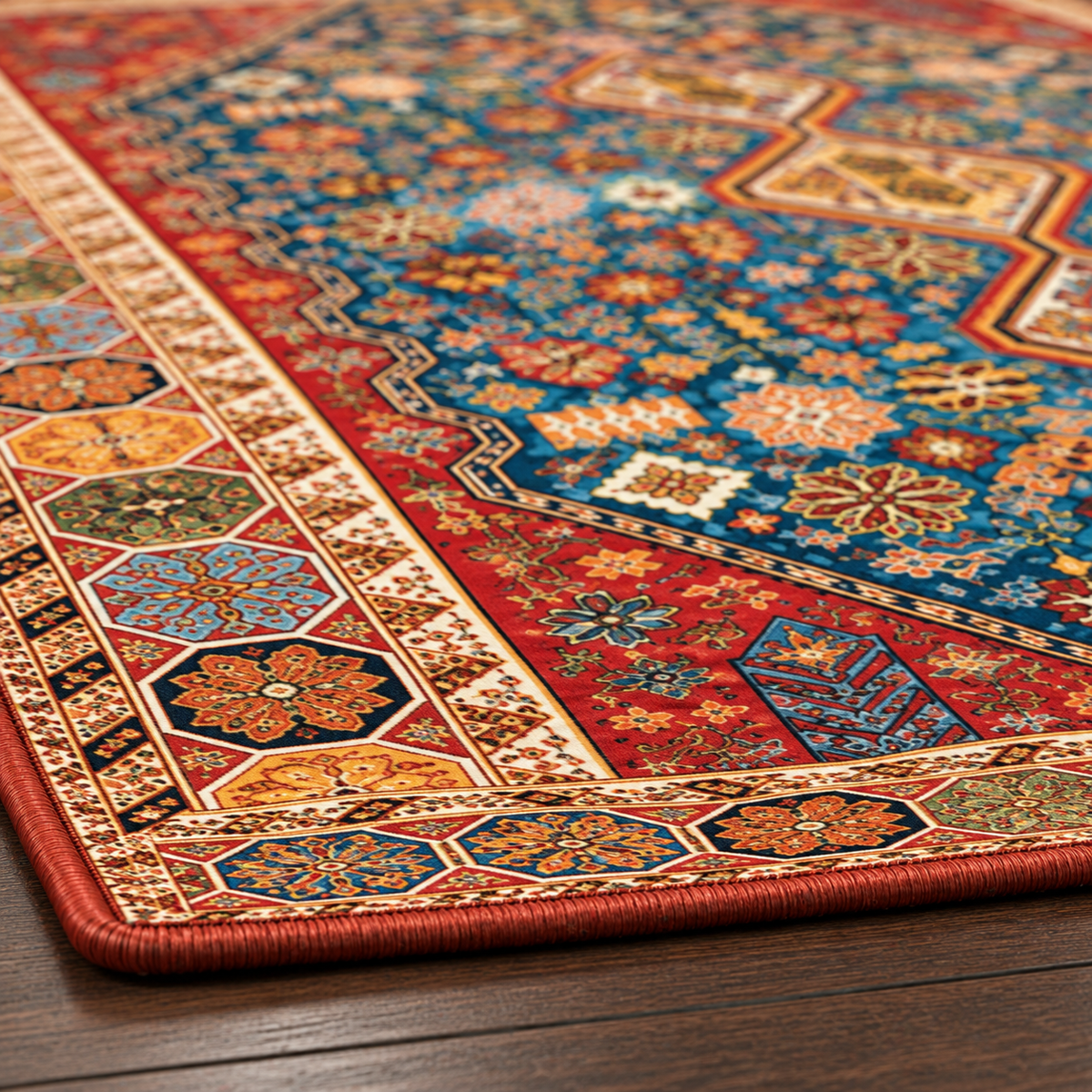 Tapis rectangulaire Naïra – motifs losanges géométriques – bleu azur, ocre et rouge brique