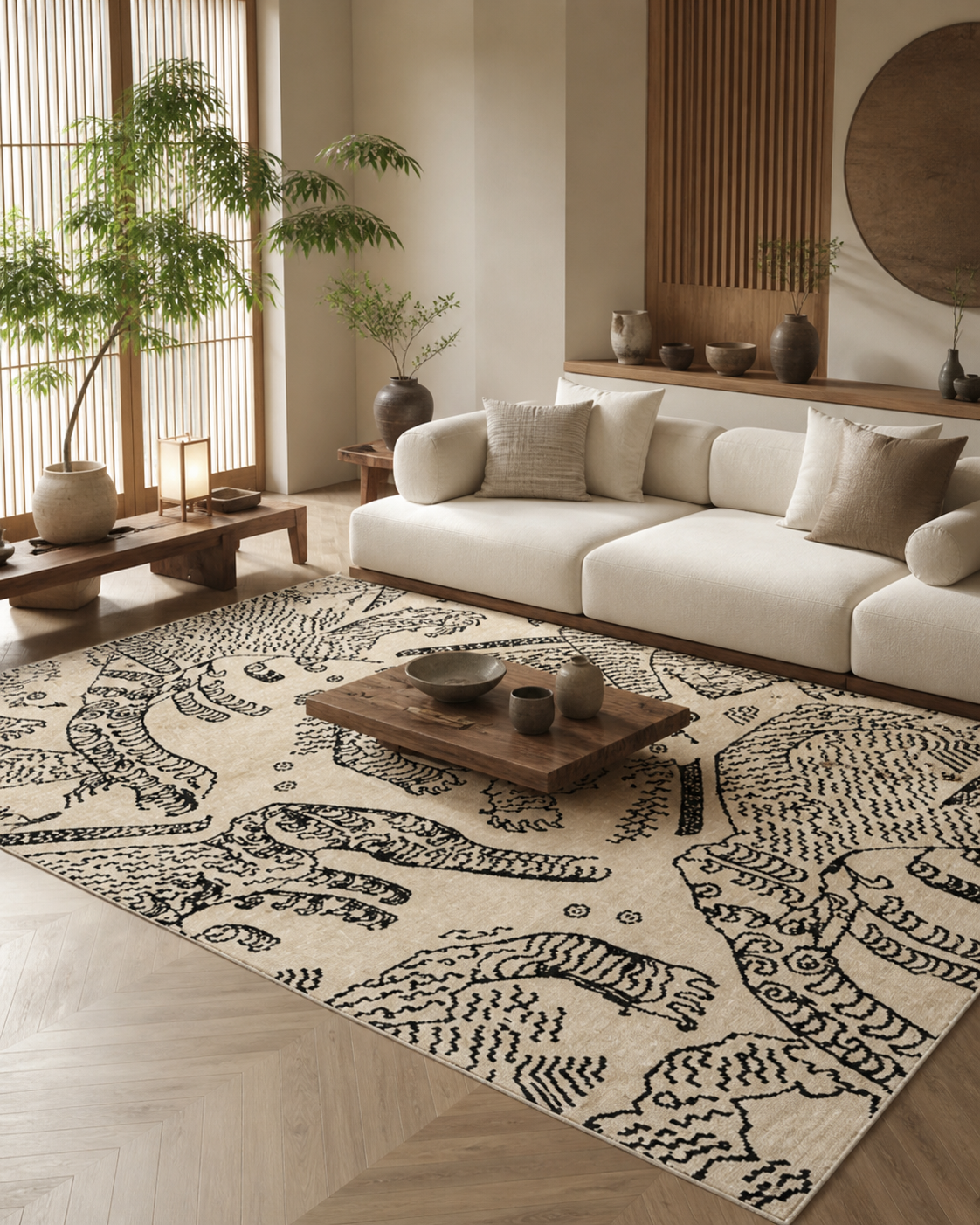 Tapis rectangulaire Kaïro – style asiatique graphique – fond écru et motifs tigres noirs