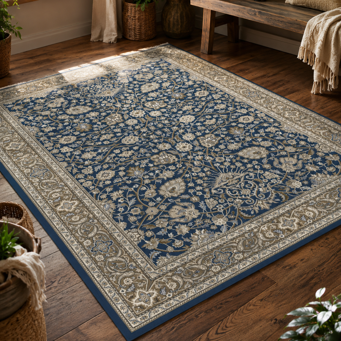 Tapis rectangulaire Isfahan – motifs orientaux floraux – bleu marine, beige et taupe
