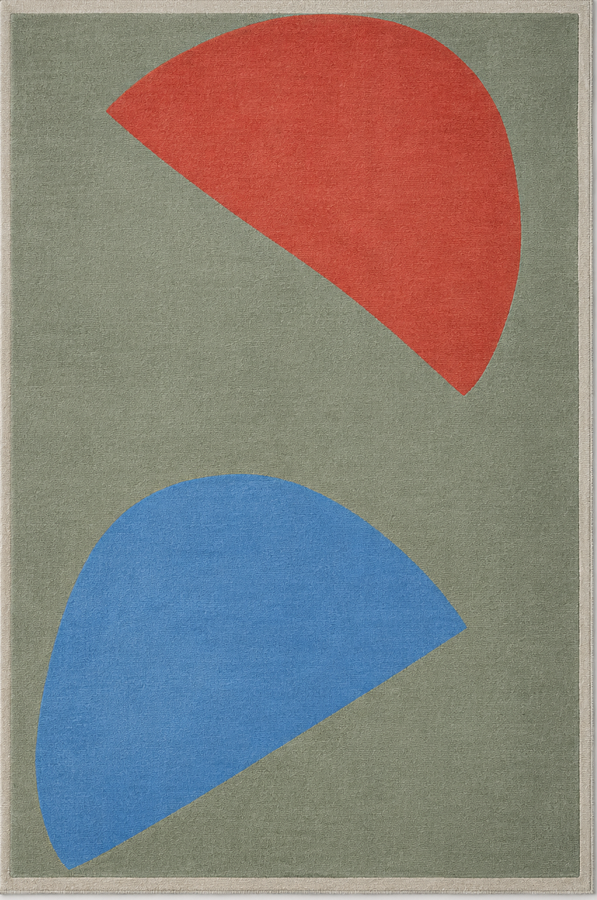 Tapis rectangulaire Lino – formes abstraites – vert sauge, bleu azur et terracotta