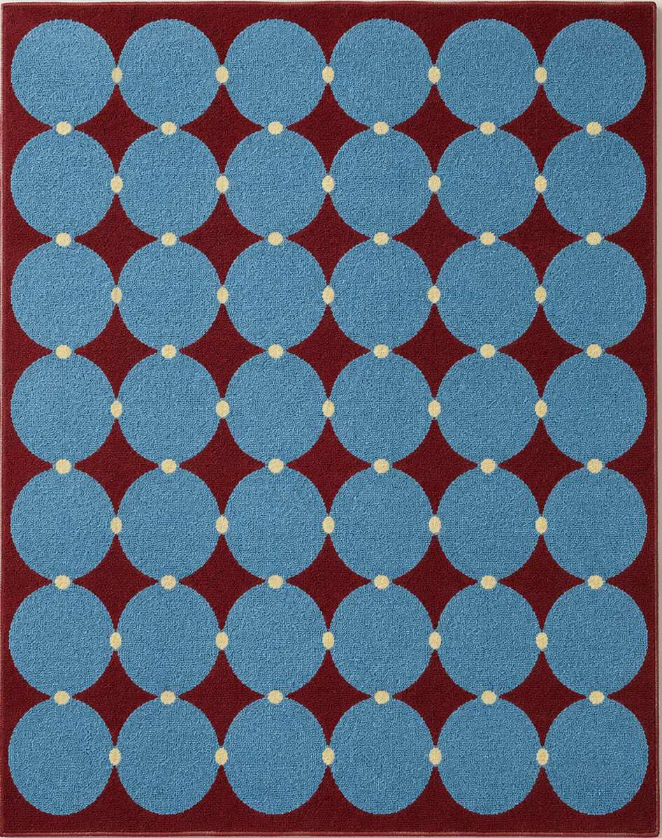 Tapis rectangulaire Nilo – motifs cercles graphiques – bleu ciel, bordeaux et beige clair
