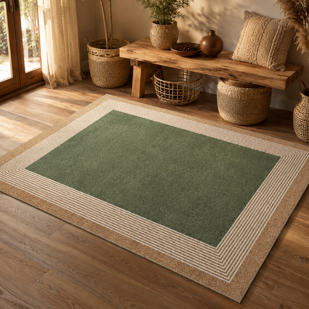 Tapis rectangulaire Olive – centre uni et bordure graphique – vert olive, beige et écru