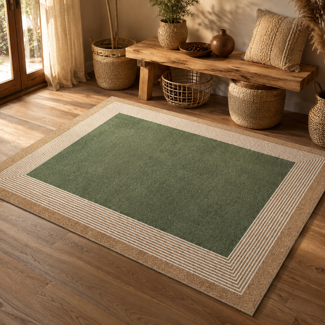 Tapis rectangulaire Olive – centre uni et bordure graphique – vert olive, beige et écru