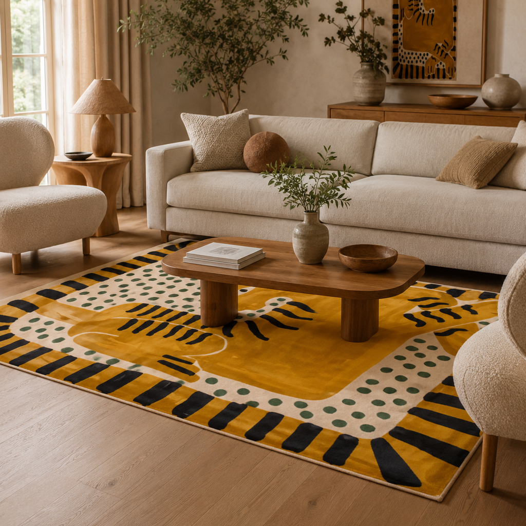 Tapis rectangulaire Matis – motif chat stylisé – jaune moutarde, noir, écru et vert sauge