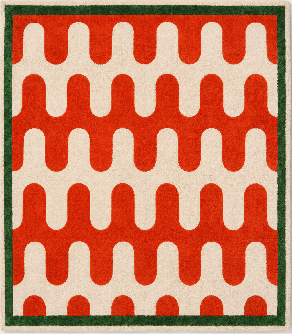 Tapis rectangulaire Rio – motif ondulé rétro – écru, rouge orangé et vert forêt