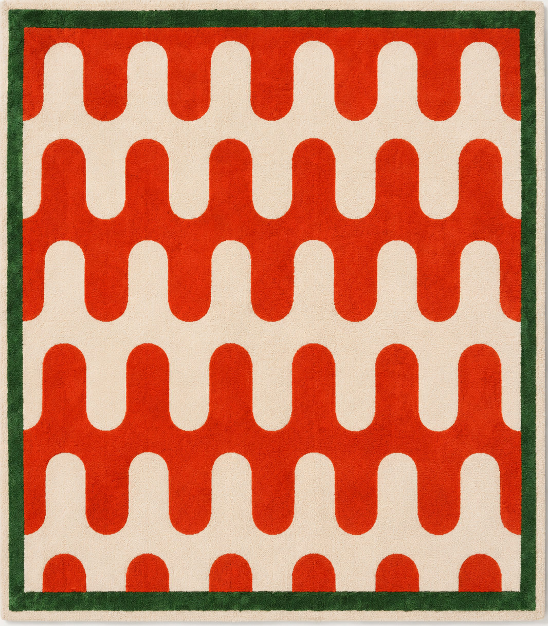 Tapis rectangulaire Rio – motif ondulé rétro – écru, rouge orangé et vert forêt