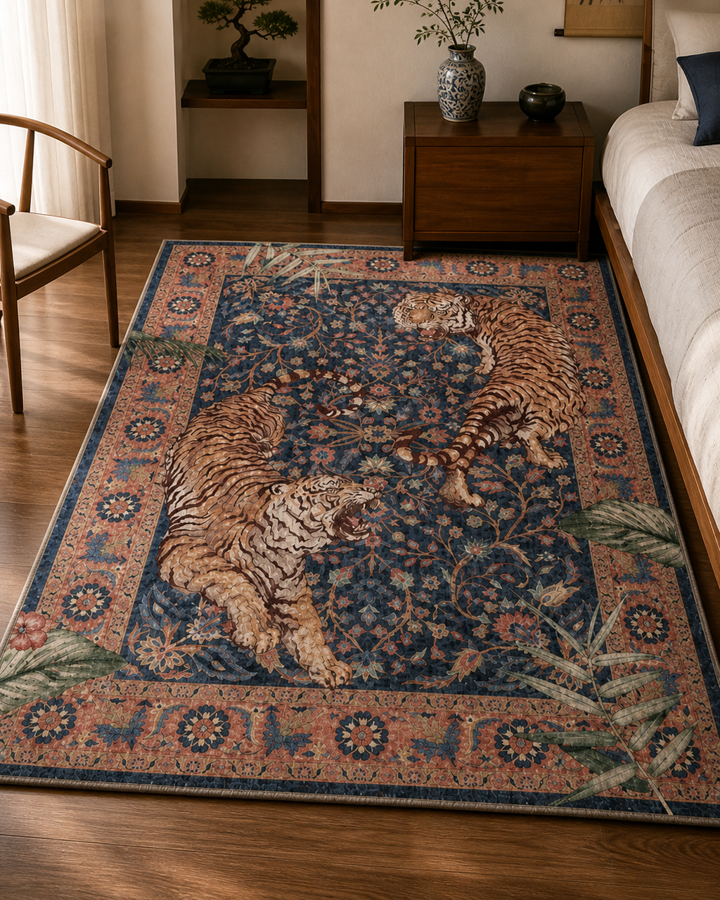 Tapis rectangulaire  Akira – style asiatique – motifs tigres, fleurs et feuillages