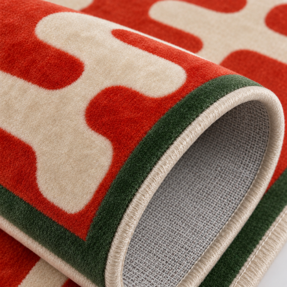 Tapis rectangulaire Rio – motif ondulé rétro – écru, rouge orangé et vert forêt