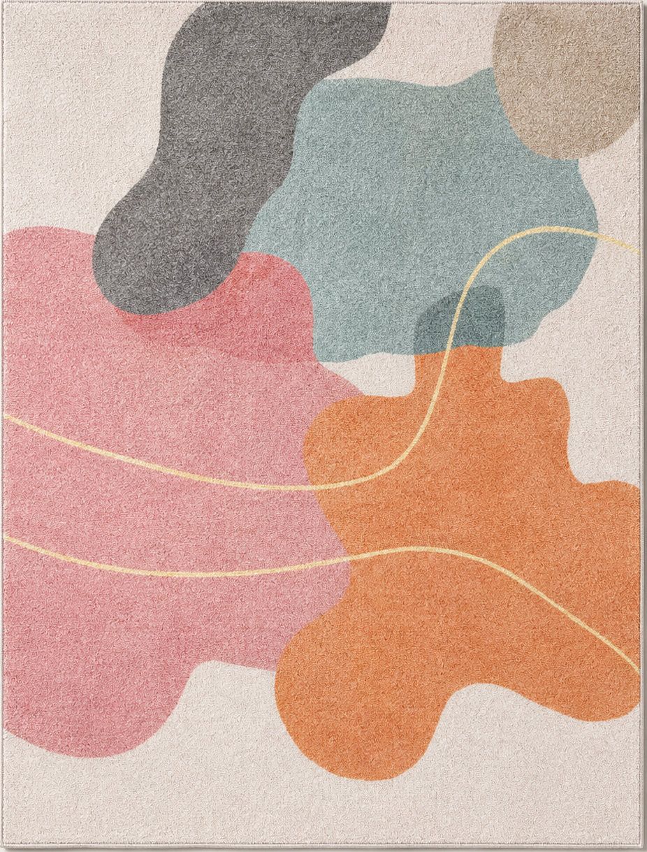Tapis rectangulaire Soléa – style moderne – formes abstraites organiques – rose poudré, terracotta, bleu pastel et gris doux